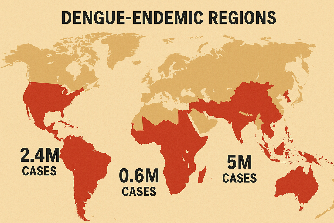 Dengue fever global distribution map 2025 showing endemic regions and case statistics by continent: Asia 5M cases, Americas 2.4M cases, Africa 0.6M cases