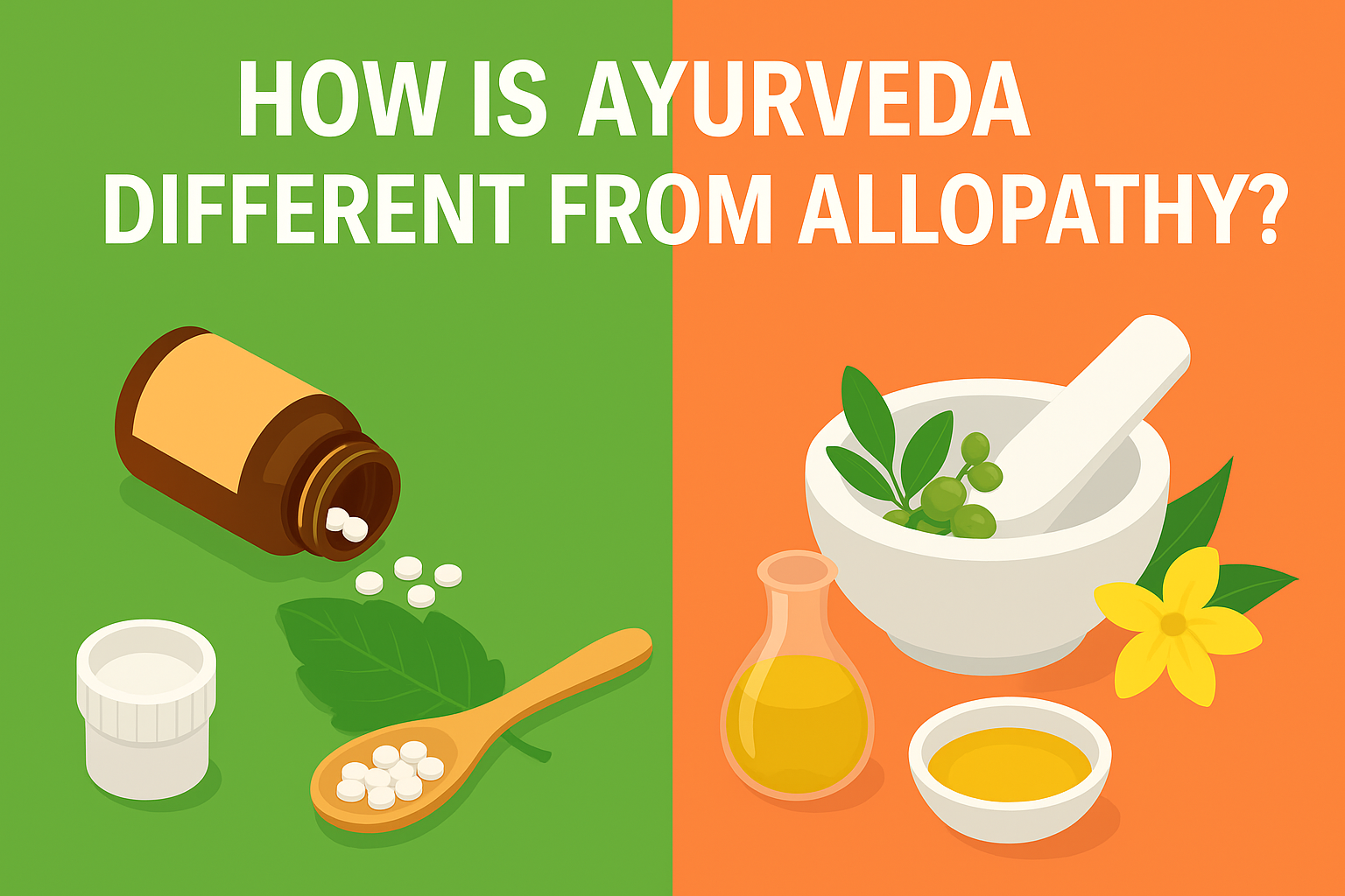 Split illustration of Ayurveda vs Allopathy with pills on the left and herbal remedies with mortar and pestle on the right, captioned 'How is Ayurveda different from Allopathy?'"
