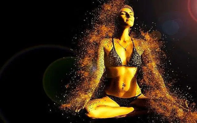“Yoga meditation art symbolizing inner fire (Agni) and natural digestion boost through Ayurveda and mindfulness.”