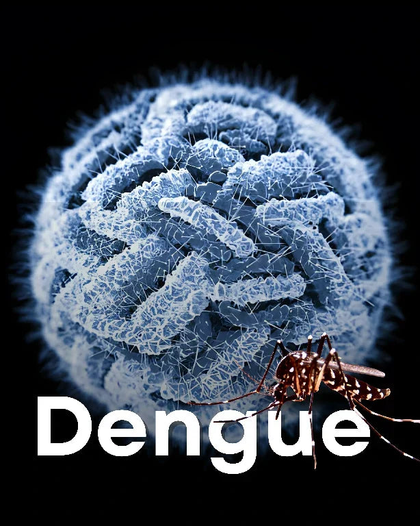 Dengue symptom infographic showing fever, rash, joint pain, and warning signs.
