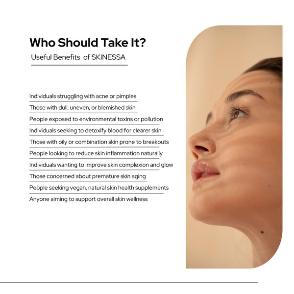 स्किनेसा | चमकदार त्वचा | मुहांसों से लड़ता है और विषाक्त पदार्थों को निकालता है - शाकाहारी कैप्सूल