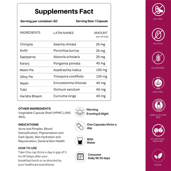 स्किनेसा | चमकदार त्वचा | मुहांसों से लड़ता है और विषाक्त पदार्थों को निकालता है - शाकाहारी कैप्सूल