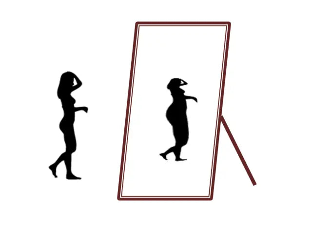 Silhouette of a slim woman looking at her reflection in a mirror, which shows a heavier body shape, illustrating body image perception and concerns about ideal body weight.
