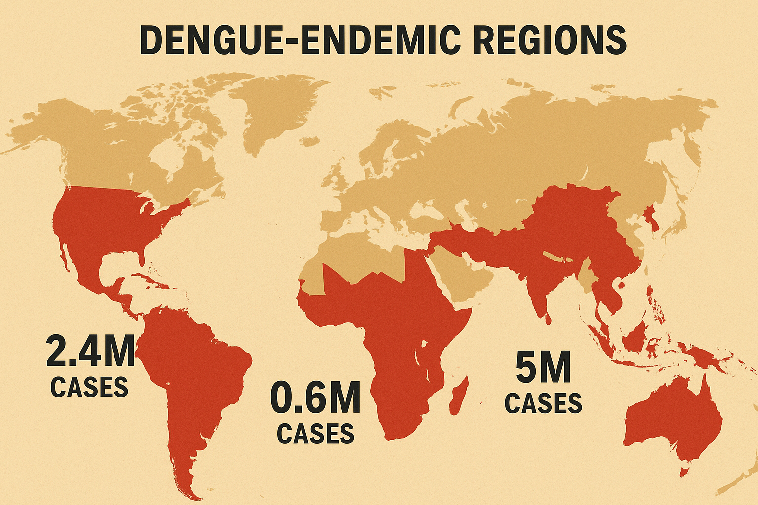 Dengue fever global distribution map 2025 showing endemic regions and case statistics by continent: Asia 5M cases, Americas 2.4M cases, Africa 0.6M cases