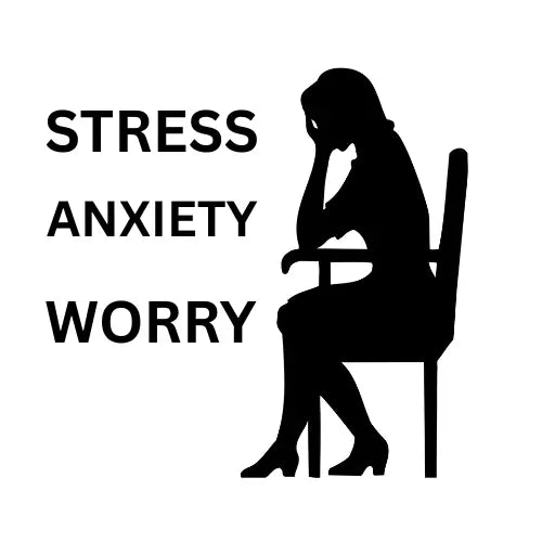 Silhouette of a worried woman sitting with her head in hand beside the words "Stress, Anxiety, Worry," illustrating how chronic worrying and emotional stress physically and mentally affect health.