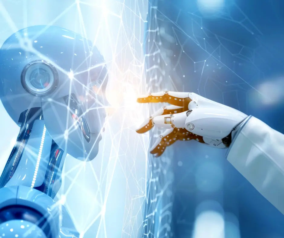 A robotic figure and a robotic hand reaching towards a glowing digital interface, symbolizing artificial intelligence and technology interaction.