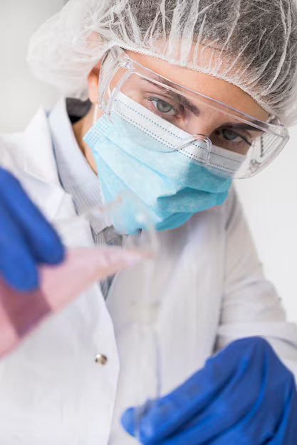 Close-up of a woman in a white lab coat working in a laboratory, handling medical equipment with focus, surrounded by test tubes and scientific tools, researching dengue treatment options like PLT-NORM.