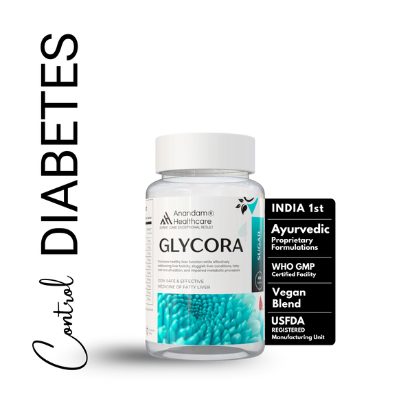 Bottle of GLYCORA, an Ayurvedic supplement for natural blood sugar management and glucose balance