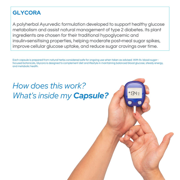 Infographic showing GLYCORA herbal ingredients for insulin support and metabolic health.