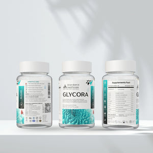 Infographic showing GLYCORA herbal ingredients for insulin support and metabolic health.