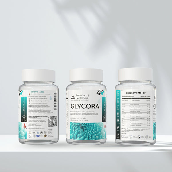 Infographic showing GLYCORA herbal ingredients for insulin support and metabolic health.