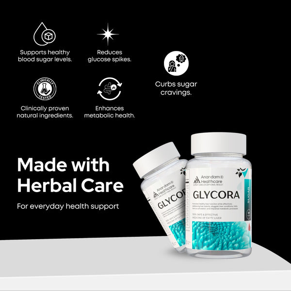 Bottle of GLYCORA, an Ayurvedic supplement for natural blood sugar management and glucose balance