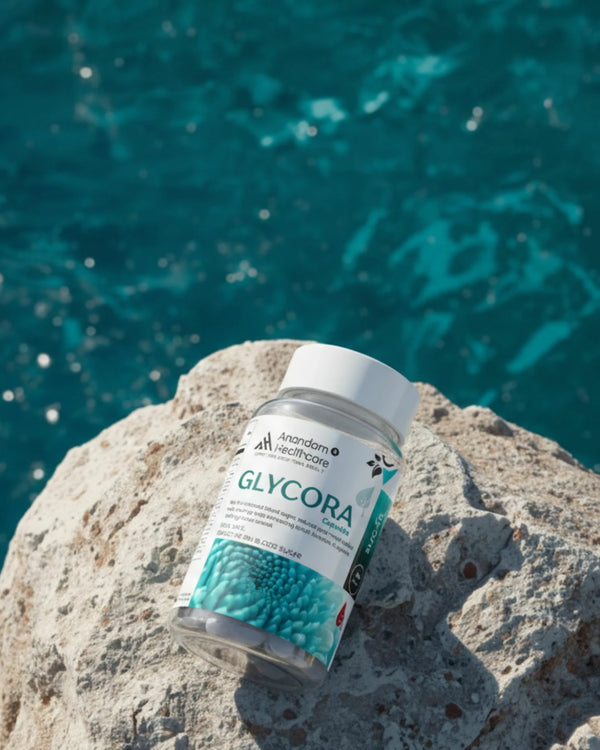 Infographic showing GLYCORA herbal ingredients for insulin support and metabolic health.