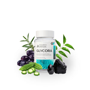 Infographic showing GLYCORA herbal ingredients for insulin support and metabolic health.