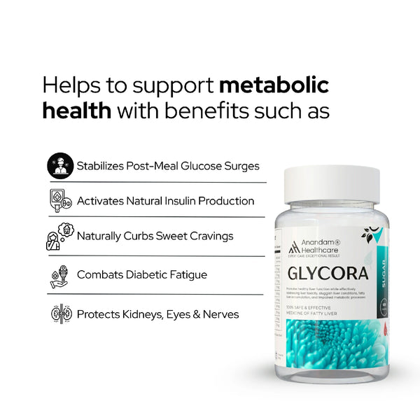 Infographic showing GLYCORA herbal ingredients for insulin support and metabolic health.