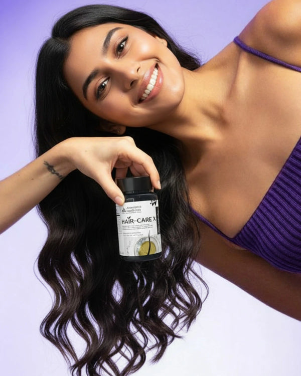 Bottle of HAIR-CARE X, an Ayurvedic herbal oil for natural hair growth and hairfall control.