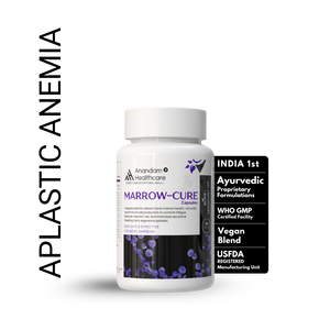 Bottle of MARROW-CURE Ayurvedic supplement for bone marrow and platelet health.
