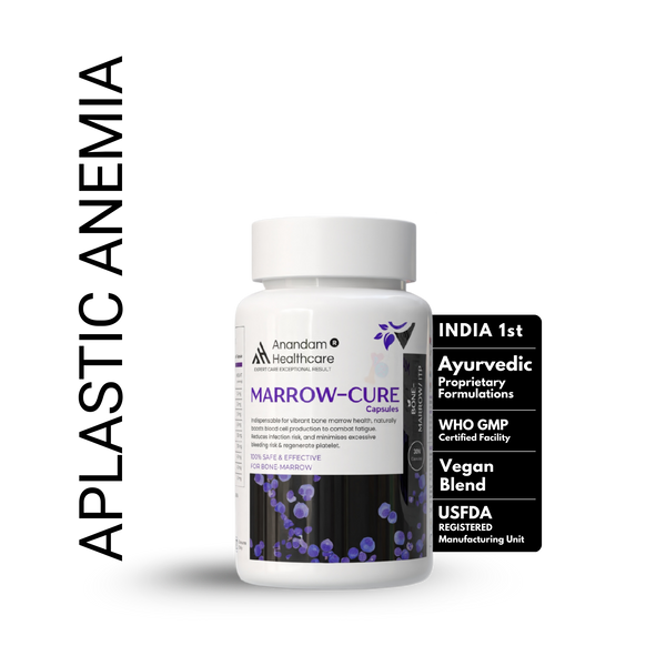 Bottle of MARROW-CURE Ayurvedic supplement for bone marrow and platelet health.