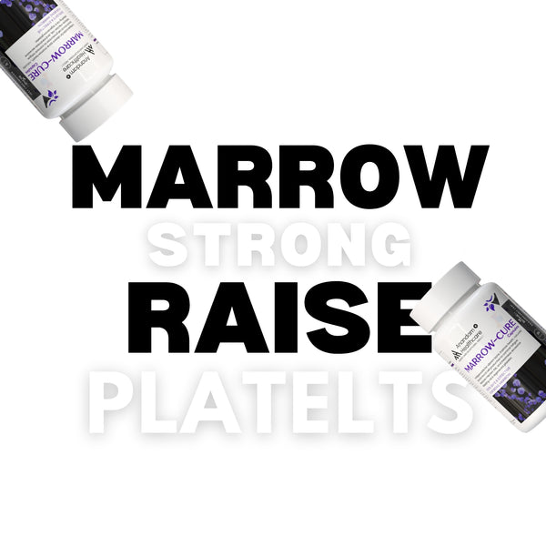 Bottle of MARROW-CURE Ayurvedic supplement for bone marrow and platelet health.