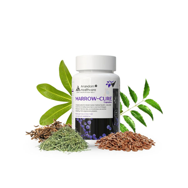 Infographic highlighting MARROW-CURE plant-based ingredients for hematological support.