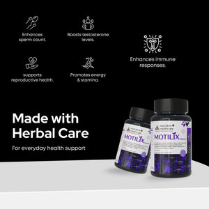 Bottle of MOTILIX, a premium Ayurvedic supplement for male fertility and testosterone support, featuring natural ingredients like Ashwagandha and Shilajit.