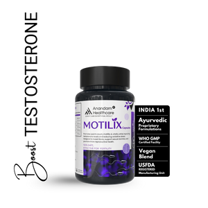 Bottle of MOTILIX, a premium Ayurvedic supplement for male fertility and testosterone support, featuring natural ingredients like Ashwagandha and Shilajit.