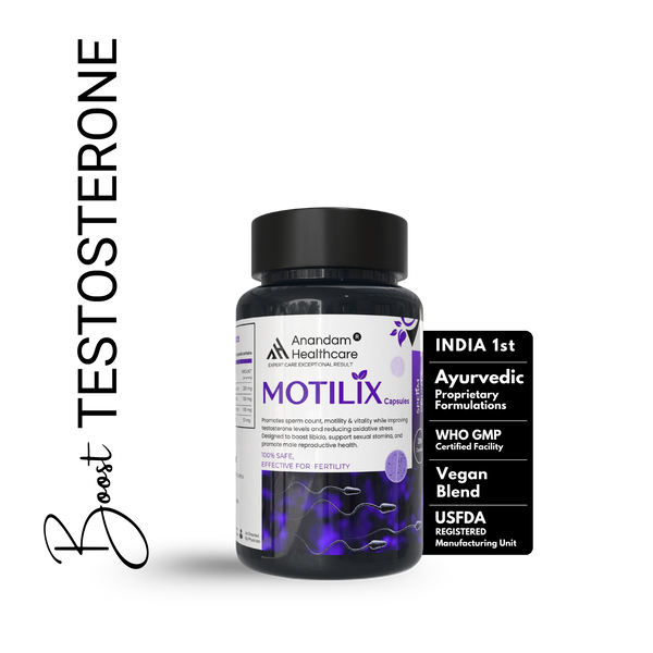 Bottle of MOTILIX, a premium Ayurvedic supplement for male fertility and testosterone support, featuring natural ingredients like Ashwagandha and Shilajit.