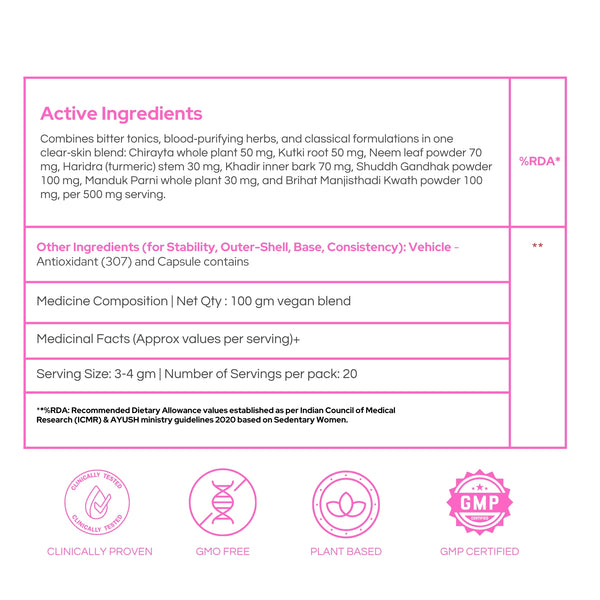 Bottle of SKINESSA, an Ayurvedic skin detox supplement for natural radiance and clear skin.