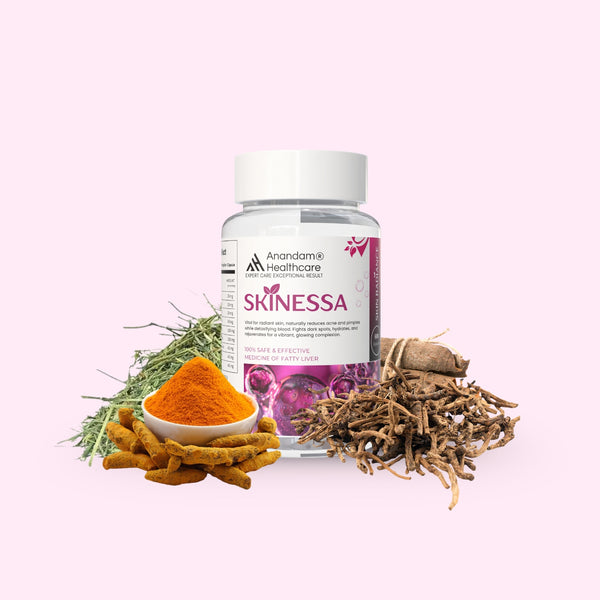 Bottle of SKINESSA, an Ayurvedic skin detox supplement for natural radiance and clear skin.