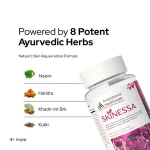 Bottle of SKINESSA, an Ayurvedic skin detox supplement for natural radiance and clear skin.