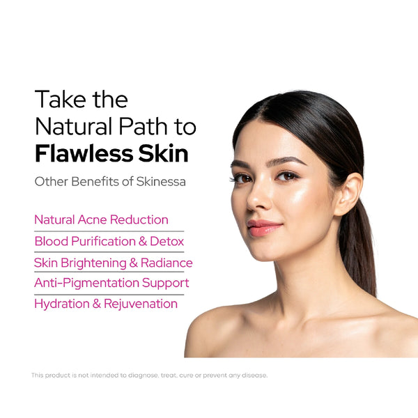 Bottle of SKINESSA, an Ayurvedic skin detox supplement for natural radiance and clear skin.