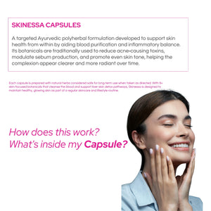 Bottle of SKINESSA, an Ayurvedic skin detox supplement for natural radiance and clear skin.