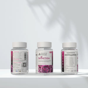 Bottle of SKINESSA, an Ayurvedic skin detox supplement for natural radiance and clear skin.