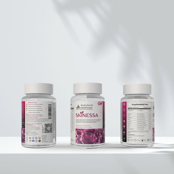 Bottle of SKINESSA, an Ayurvedic skin detox supplement for natural radiance and clear skin.