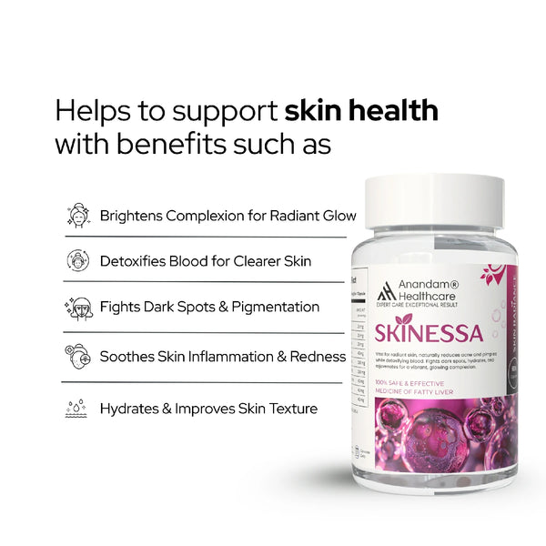 स्किनेसा | चमकदार त्वचा | मुहांसों से लड़ता है और विषाक्त पदार्थों को निकालता है - शाकाहारी कैप्सूल