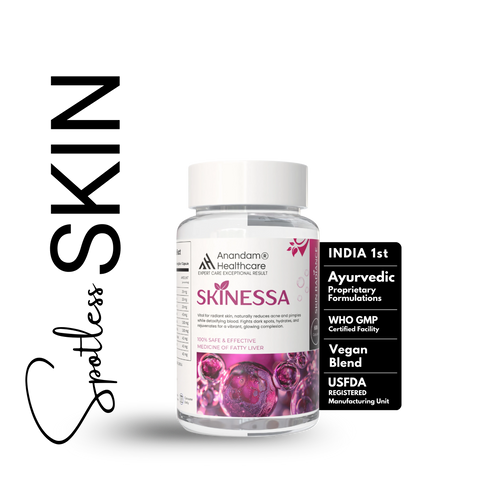 Bottle of SKINESSA, an Ayurvedic skin detox supplement for natural radiance and clear skin