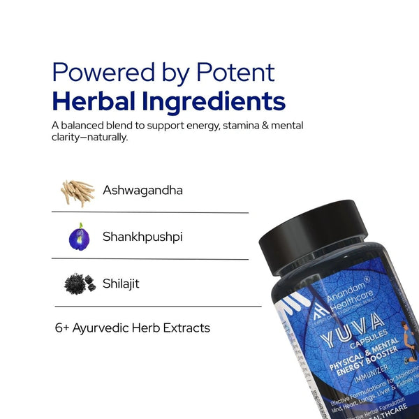 8 Ayurvedic herbs in Yuva Capsules — Ashwagandha, Shilajit, Tribulus Terrestris, Shankhpushpi natural vitality herbs India