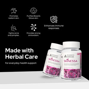 Graphic showing SKINESSA botanical ingredients like Neem and Manjistha for skin health.